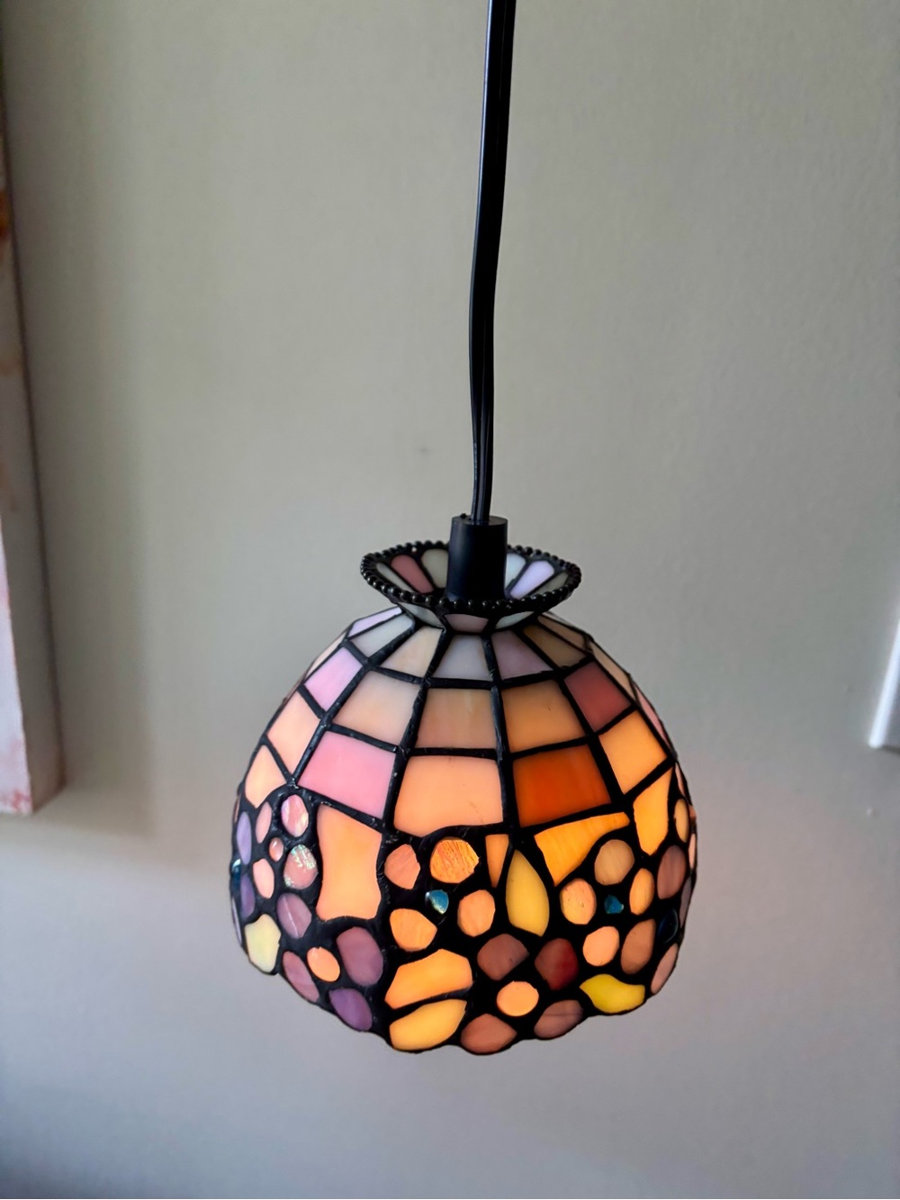 Stained Glass Pendant Lamp Shade in Warm Pink & Amber Tones